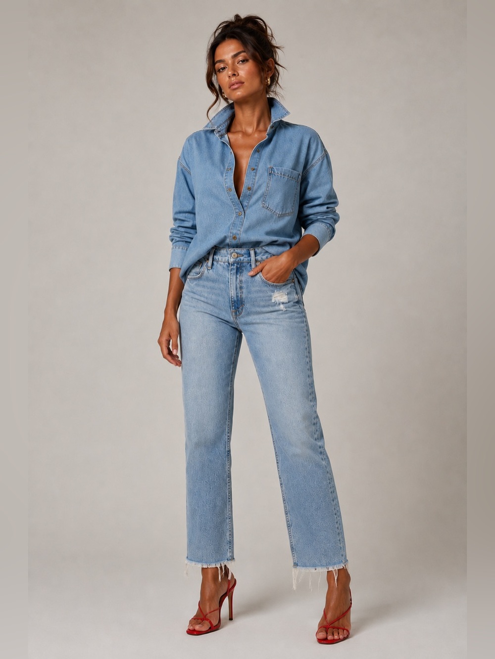 Good American Light Wash High-Rise Straight Leg Jeans Raw Hem Sz 8